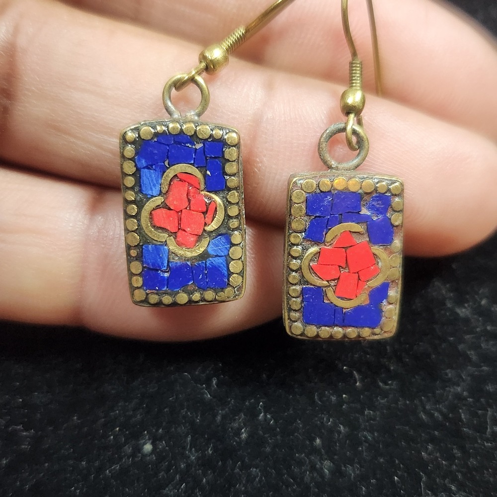 Vintage‎ Brass Mosaic Inlay Drop Earrings Blue Red Stone Rectangular Boho Dangle - Picture 7 of 10